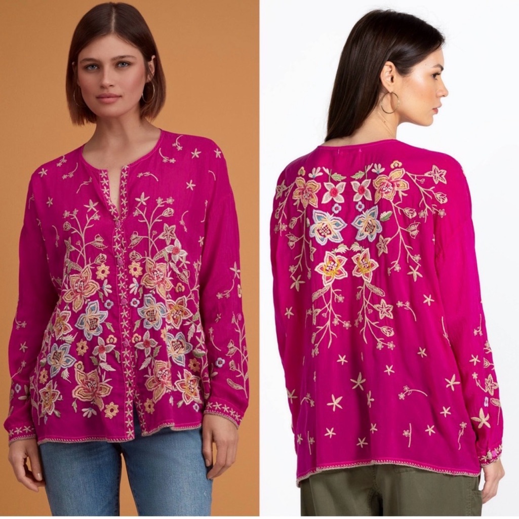 Nwot Johnny Was Jenai Floral Embroidered Blouse Boho Fuchsia X-Small
